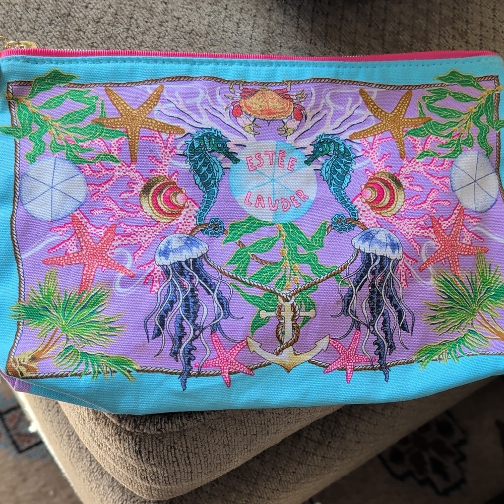 Estee Lauder Sea Life Cosmetic Pouch with Pink and Blue, So Cute. 10" X 7"